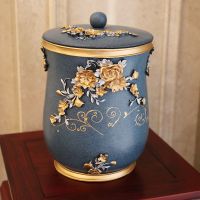 美式格调蓝桌面垃圾桶带盖家居创意客厅卫生间收纳桶大号家用带盖 贵族格调蓝中号垃圾桶带盖