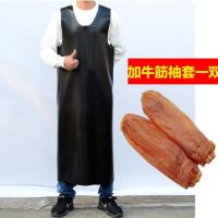 牛筋双层加厚马甲 防水防油石材厂屠宰场皮围裙 男女罩衣皮革围腰 黑色加厚石材马甲+袖套一套