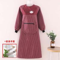 围裙长袖厨房家用做饭防油污成人男女罩衣干活上班加肥工作服新款 加长长袖叮当猫枣红拉链兜+手套