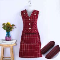 新款时尚优质棉布无袖坎肩厨房防油防污做饭上班干活工作服罩衣 翻领大格枣红坎肩加套袖