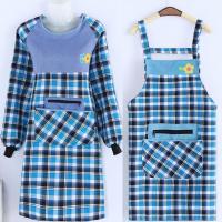 时尚长袖情侣围裙彩棉布罩衣女工作新款背带防油污厨房家用工作服 [蓝色] 双花 罩衣+双花 背带