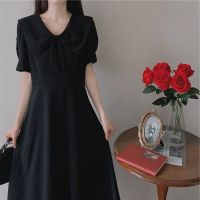 夏季优雅连衣裙轻熟风长裙赫本遮肚子雪纺过膝桔梗裙子超仙小黑裙