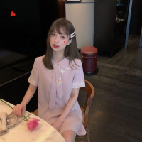 粉色POLO裙学院风甜美减龄宽松娃娃领带短袖雪纺连衣裙女夏