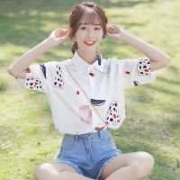 新款碎花衬衫女短袖宽松印花学生设计感小众衬衣港风上衣