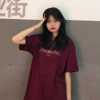 100%纯棉短袖女设计感小众夏季新款酒红色国潮ins复古宽松T恤女装