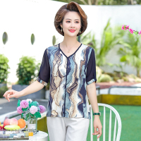 妈妈装2022新款简约花纹舒适V领雪纺短袖C51