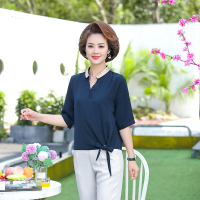 妈妈装2022新款气质纯色下摆系带包扣设计彼得潘小V领短袖C67