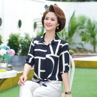 妈妈装2022新款衬衫纽扣几何印花下摆系带优雅舒适雪纺短袖C71
