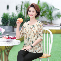 妈妈装2022新款圆领套头花点知性雪纺短袖C73