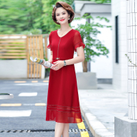 妈妈装2022新款V领收腰显瘦花边袖口雪纺连衣裙C81