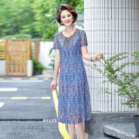 妈妈装2022新款系带领花纹碎花文艺气质雪纺连衣裙C82