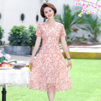 妈妈装2022新款系立体碎花一粒扣花边V领收腰连衣裙C88