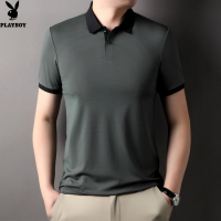 花花公子2024年新款夏装短袖男士T恤翻领细条纹大码宽松中年男装半袖体恤