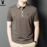 花花公子2024夏装新款桑蚕丝冰爽短袖t恤男翻领商务休闲细条纹Polo衫