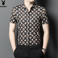 花花公子品牌男装新款免烫印花男士短袖衬衫薄款商务休闲宽松半袖寸衣