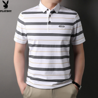 花花公子品质黑白条纹男士短袖t恤修身时尚日常半袖体恤2024年新款夏装