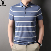 花花公子品牌新款条纹短袖男士T恤翻领宽松休闲商务时尚半袖体恤2024夏季