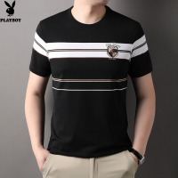 花花公子冰爽新款夏装圆领条纹短袖男士t恤薄款时尚休闲修身青年半袖体恤