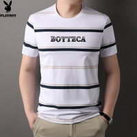 花花公子品质冰爽条纹圆领短袖男士T恤夏季时尚都市修身男装半袖体恤薄款