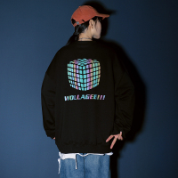 ROSUYA2021中性风秋季圆领套头反光魔方图案宽松卫衣