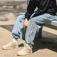 ROSUYA2021秋冬新款侧边排扣拼接水洗束脚牛仔裤