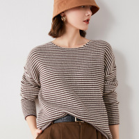 ROSUYA条纹时尚毛衣设计休闲宽松圆领针织2021女士秋冬季上衣慵懒套头衫