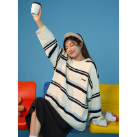 ROSUYA中性风2021秋冬新款日系宽松圆领刺绣打底条纹毛衣