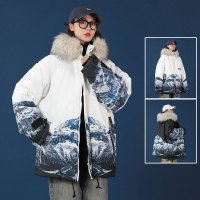 ROSUYA雪山棉服女大毛领连帽棉衣宽松棉袄印花中性风情侣装