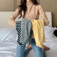 ROSUYA2021秋冬新款半高领德绒打底衫女加厚修身T恤内搭横条纹长袖上衣