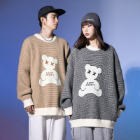 ROSUYA2021秋冬新款潮牌情侣装撞色提花小熊圆领毛衫