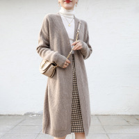 ROSUYA2021秋冬新款休闲慵懒风无扣长款针织开衫女韩版宽松大衣过膝外套