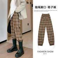 ROSUYA格子裤女春秋季宽松直筒高腰显瘦2021新款阔腿抽绳休闲运动束脚裤