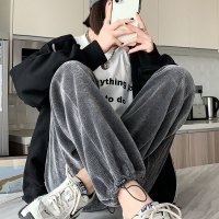 ROSUYA雪尼尔阔腿裤女春秋季2021新款直筒休闲宽松束脚运动裤华夫格卫裤