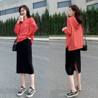 ROSUYA针织半身裙女秋冬季2021新款高腰中长款百搭显瘦黑色开叉一步裙子