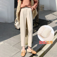 ROSUYA单扣小脚毛呢加绒哈伦裤女裤2021新款高腰显瘦宽松萝卜米白色裤子