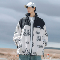 ROSUYA2021冬季情侣款拼接撞色潮流小熊印花羊羔绒棉服