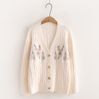 ROSUYA韩版新款毛衣女慵懒风宽松针织毛衣外套刺绣针织开衫女