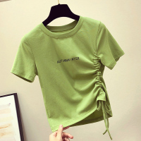 婕秘牛油果绿t恤女2019新款修身抽绳设计感小众心机短款短袖露脐上衣