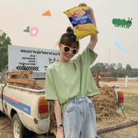 婕秘短袖女2019新款宽松纯色上衣牛油果绿色t恤女基础款学生打底衫