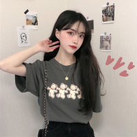 婕秘小熊灰色短袖遮肚子t恤女装半袖宽松韩版上衣2021年夏季新款ins潮