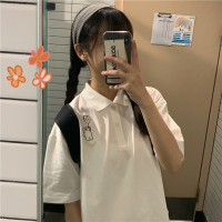 婕秘日系polo衫女短袖T恤2021夏季宽松小熊刺绣chic上衣新款韩版古着