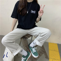 婕秘韩版字母纯棉宽松短袖T恤女2021夏季新款中性原宿风oversize上衣