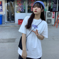 婕秘2021夏季新款创意折叠字母印花短袖T恤女纯棉宽松百搭白色上衣ins