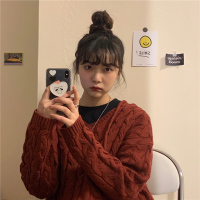 婕秘2021春季新款毛衣针织衫女V领连帽麻花复古宽松日系外穿百搭外套