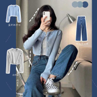 婕秘春秋季赫本风时尚盐系穿搭开衫休闲牛仔裤子气质女神范两件套装女