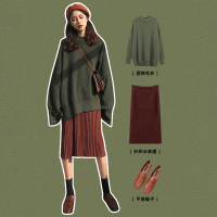 婕秘秋冬季洋气炸街女神范连衣裙女韩系针织毛衣半身裙休闲两件套装女