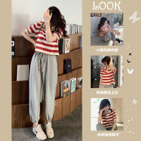 婕秘夏季洋气减龄条纹上衣休闲运动裤子网红炸街时尚两件套装女