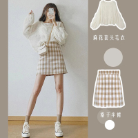 婕秘春秋女装小个子显高毛衣两件套女神气质学生网红显瘦格子短裙套装