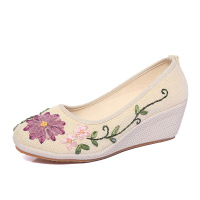 婕秘中国风亚麻高跟平底绣花鞋民族风老北京布鞋女坡跟单鞋古装汉服鞋