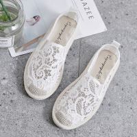 婕秘2021夏季草编渔夫鞋女平底老北京布鞋蕾丝网面镂空一脚蹬懒人单鞋